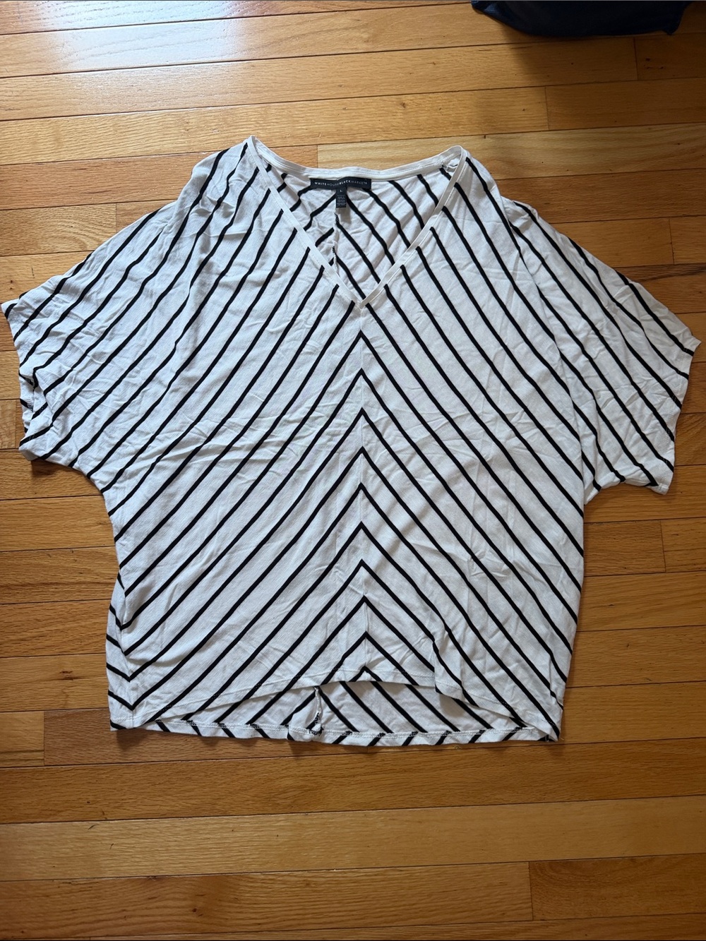 White House Black Market White and Black Diagonal Stripe V-Neck Tunic